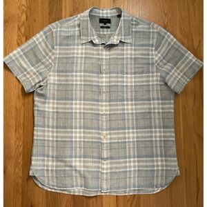 Vince Plaid Linen Cotton Shirt Men's XL Short Sleeve Blue Gray Classic Fit